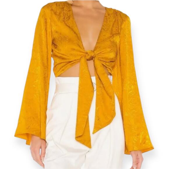 House of Harlow 1960 x Revolve Gold Metallic Tie Front Blouse Bell Sleeve Top S - Picture 1 of 8